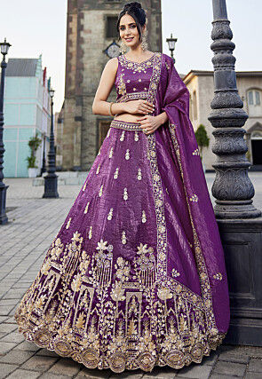Embroidered Tissue Lehenga in Purple