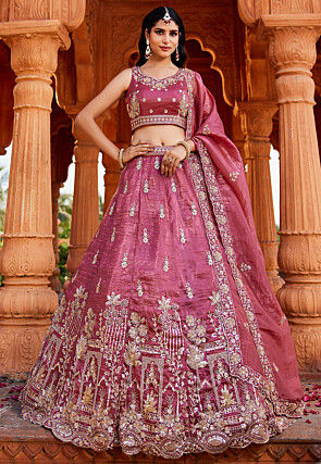 Embroidered Tissue Lehenga in Rose Gold