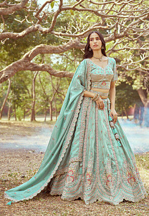 Embroidered Tissue Lehenga in Sea Green