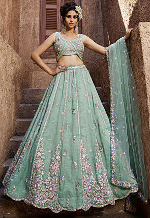 Embroidered Tissue Lehenga in Sea Green