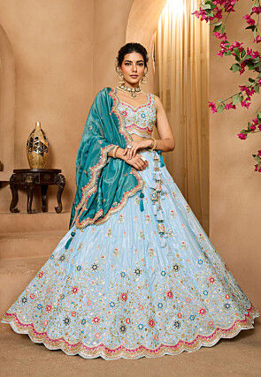 Embroidered Tissue Lehenga in Sky Blue