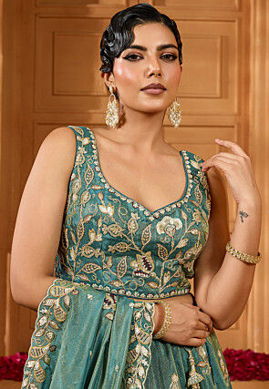 Embroidered Tissue Lehenga in Teal Blue
