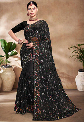 Embroidered Tissue Organza Scalloped Saree in Black