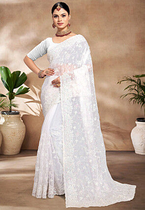 Embroidered Tissue Organza Scalloped Saree in Off White