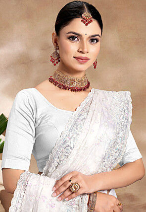 Embroidered Tissue Organza Scalloped Saree in Off White