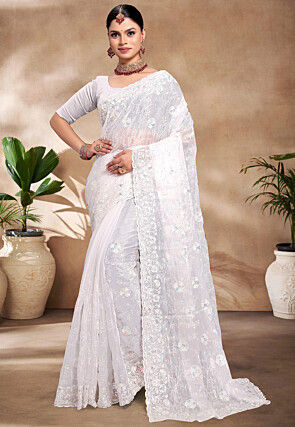 Embroidered Tissue Organza Scalloped Saree in Off White