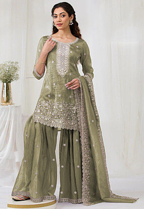 Embroidered Tissue Pakistani Suit in Dusty Green