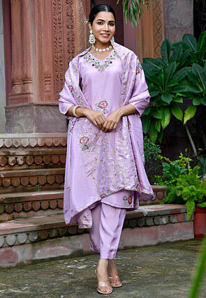 Embroidered Tissue Pakistani Suit in Lavender