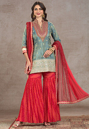 Embroidered Tissue Pakistani Suit in Light Blue