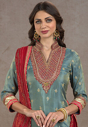Embroidered Tissue Pakistani Suit in Light Blue
