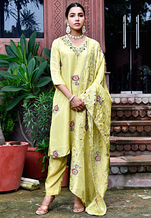 Embroidered Tissue Pakistani Suit in Light Olive Green