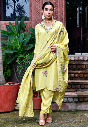 Embroidered Tissue Pakistani Suit in Light Olive Green