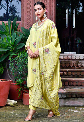 Embroidered Tissue Pakistani Suit in Light Olive Green