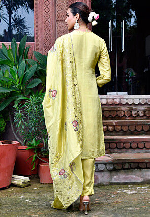 Embroidered Tissue Pakistani Suit in Light Olive Green