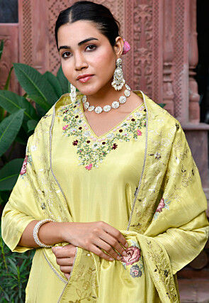 Embroidered Tissue Pakistani Suit in Light Olive Green