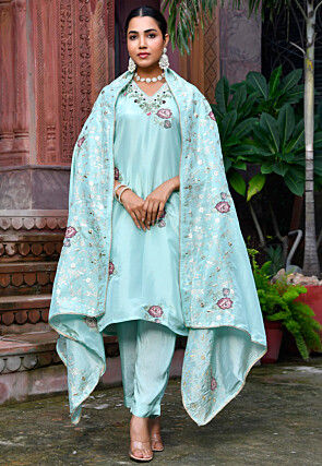 Embroidered Tissue Pakistani Suit in Pastel Blue