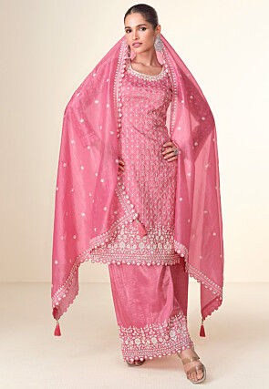 Embroidered Tissue Pakistani Suit in Pink
