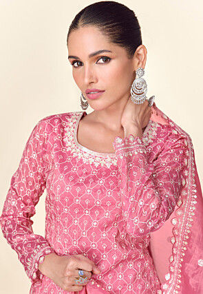 Embroidered Tissue Pakistani Suit in Pink