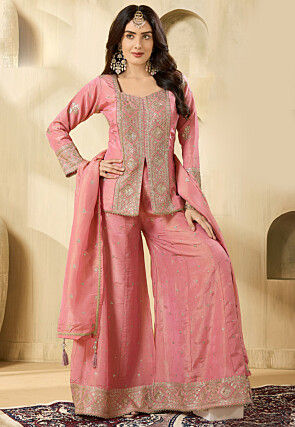 Embroidered Tissue Pakistani Suit in Pink