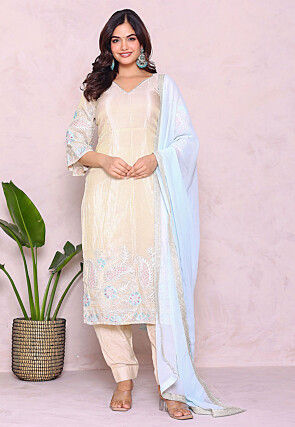 Embroidered Tissue Punjabi Suit in Light Beige