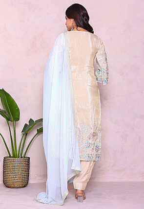 Embroidered Tissue Punjabi Suit in Light Beige