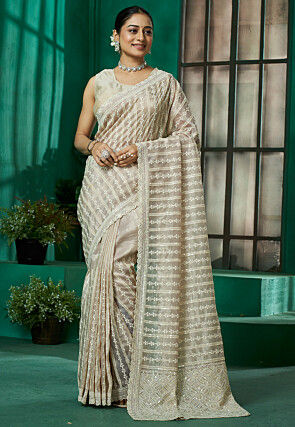 Embroidered Tissue Saree in Beige