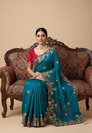 Embroidered Tissue Saree in Blue