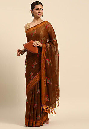 Embroidered Tissue Saree in Brown