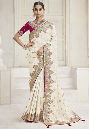 Embroidered Tissue Saree in Cream