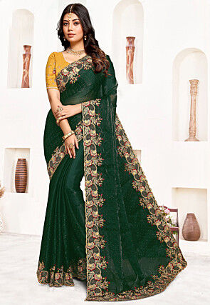 Embroidered Tissue Saree in Dark Green
