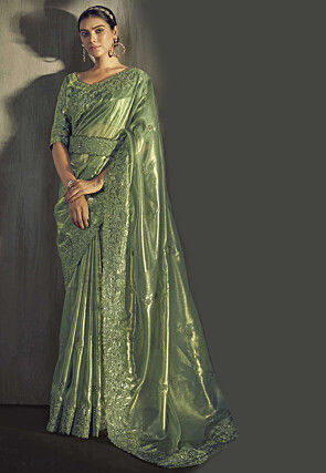 Embroidered Tissue Saree in Green