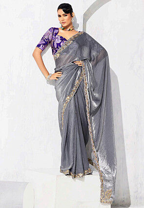 Embroidered Tissue Saree in Grey