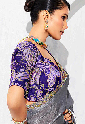 Embroidered Tissue Saree in Grey