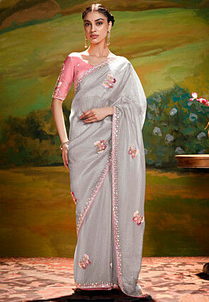 Embroidered Tissue Saree in Grey