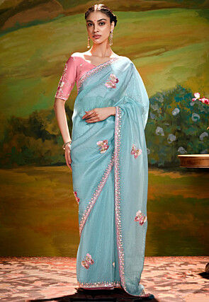 Embroidered Tissue Saree in Light Blue