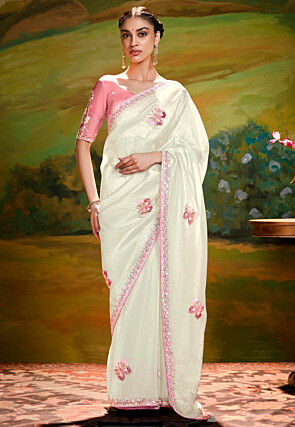Embroidered Tissue Saree in Off White