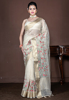 Embroidered Tissue Saree in Off White
