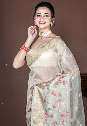 Embroidered Tissue Saree in Off White