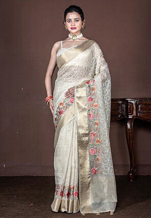 Embroidered Tissue Saree in Off White