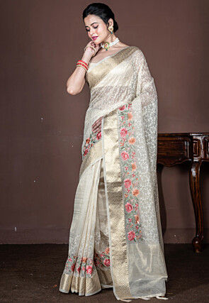 Embroidered Tissue Saree in Off White