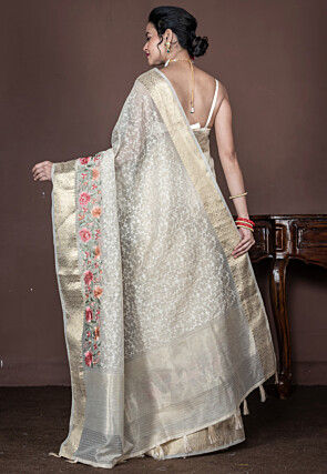 Embroidered Tissue Saree in Off White