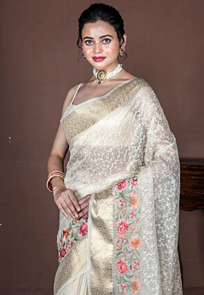Embroidered Tissue Saree in Off White