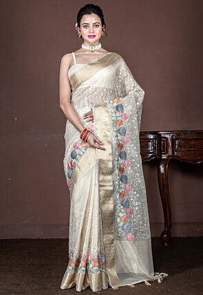 Embroidered Tissue Saree in Off White