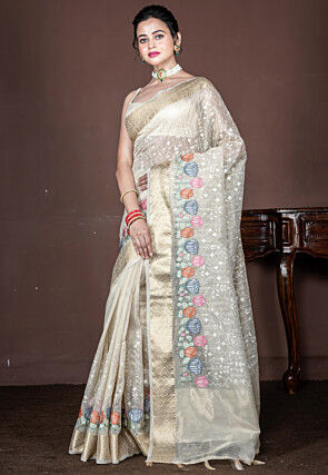 Embroidered Tissue Saree in Off White
