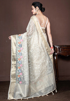 Embroidered Tissue Saree in Off White