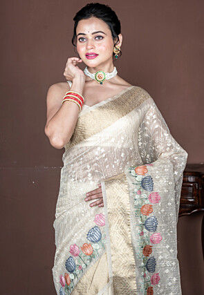 Embroidered Tissue Saree in Off White