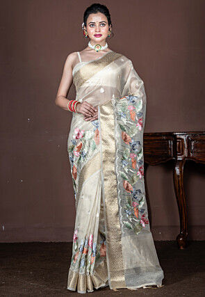 Embroidered Tissue Saree in Off White