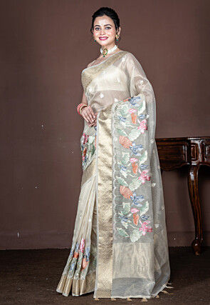 Embroidered Tissue Saree in Off White