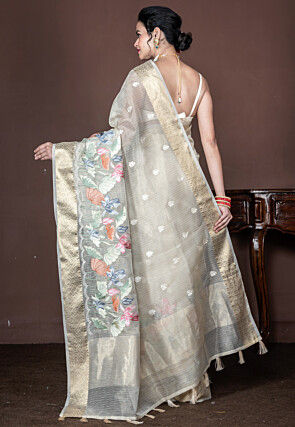 Embroidered Tissue Saree in Off White