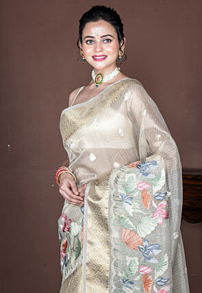 Embroidered Tissue Saree in Off White